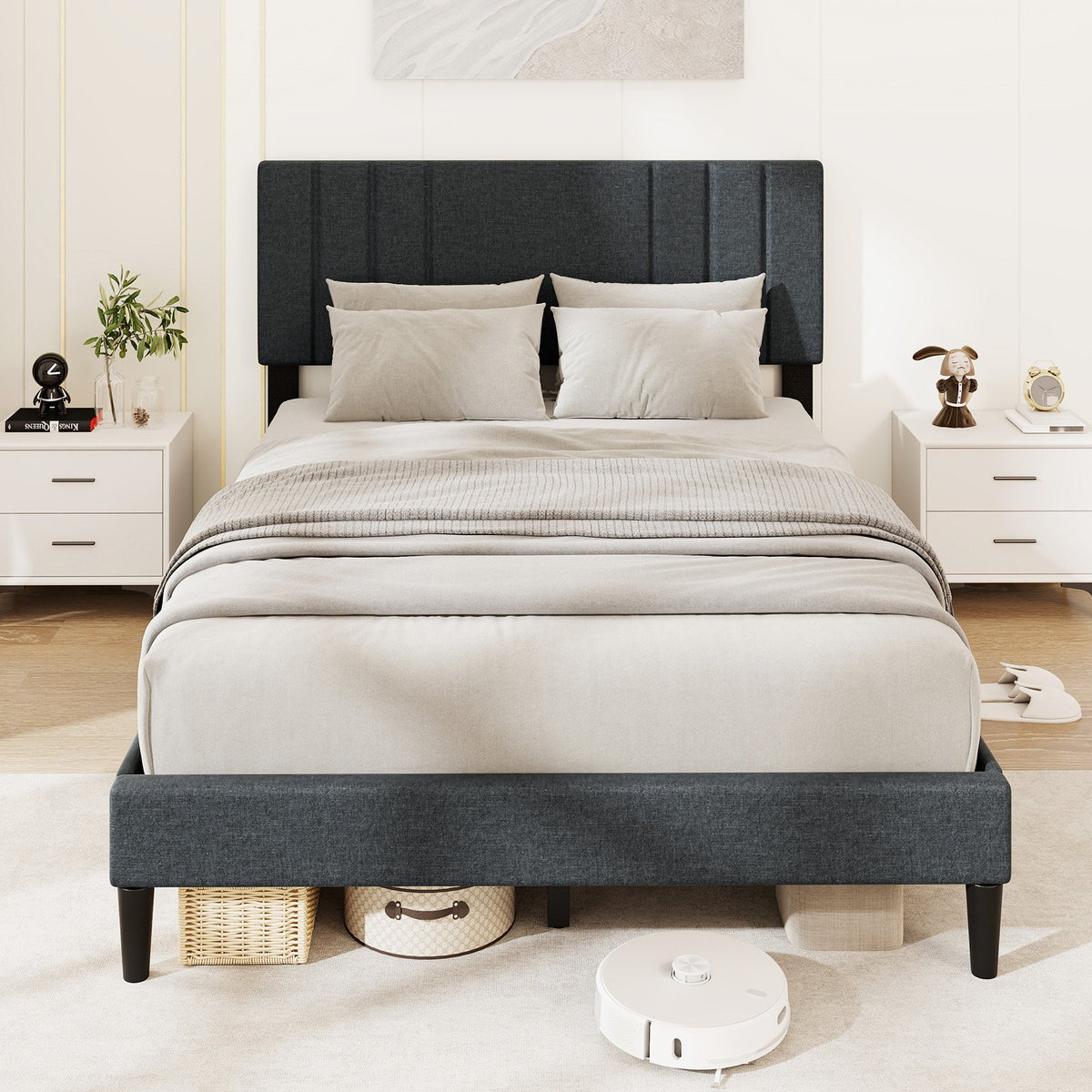 Full/Queen/Twin Size Bed Frame with Vertical Channel Tufted Headboard and Wooden Slats-Full Size view 5