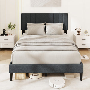 Full/Queen/Twin Size Bed Frame with Vertical Channel Tufted Headboard and Wooden Slats-Full Size view 5