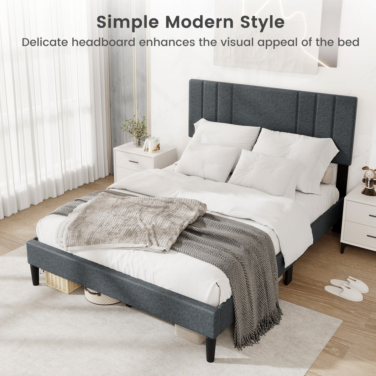 Full/Queen/Twin Size Bed Frame with Vertical Channel Tufted Headboard and Wooden Slats-Full Size view 9