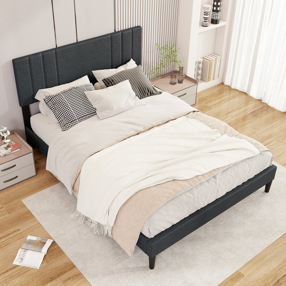 Full/Queen/Twin Size Bed Frame with Vertical Channel Tufted Headboard and Wooden Slats-Queen Size view 3