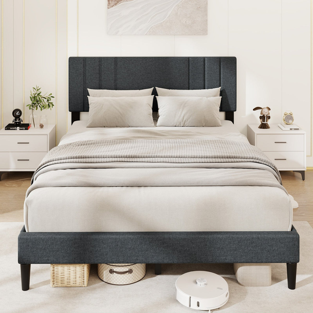 Full/Queen/Twin Size Bed Frame with Vertical Channel Tufted Headboard and Wooden Slats-Queen Size view 5