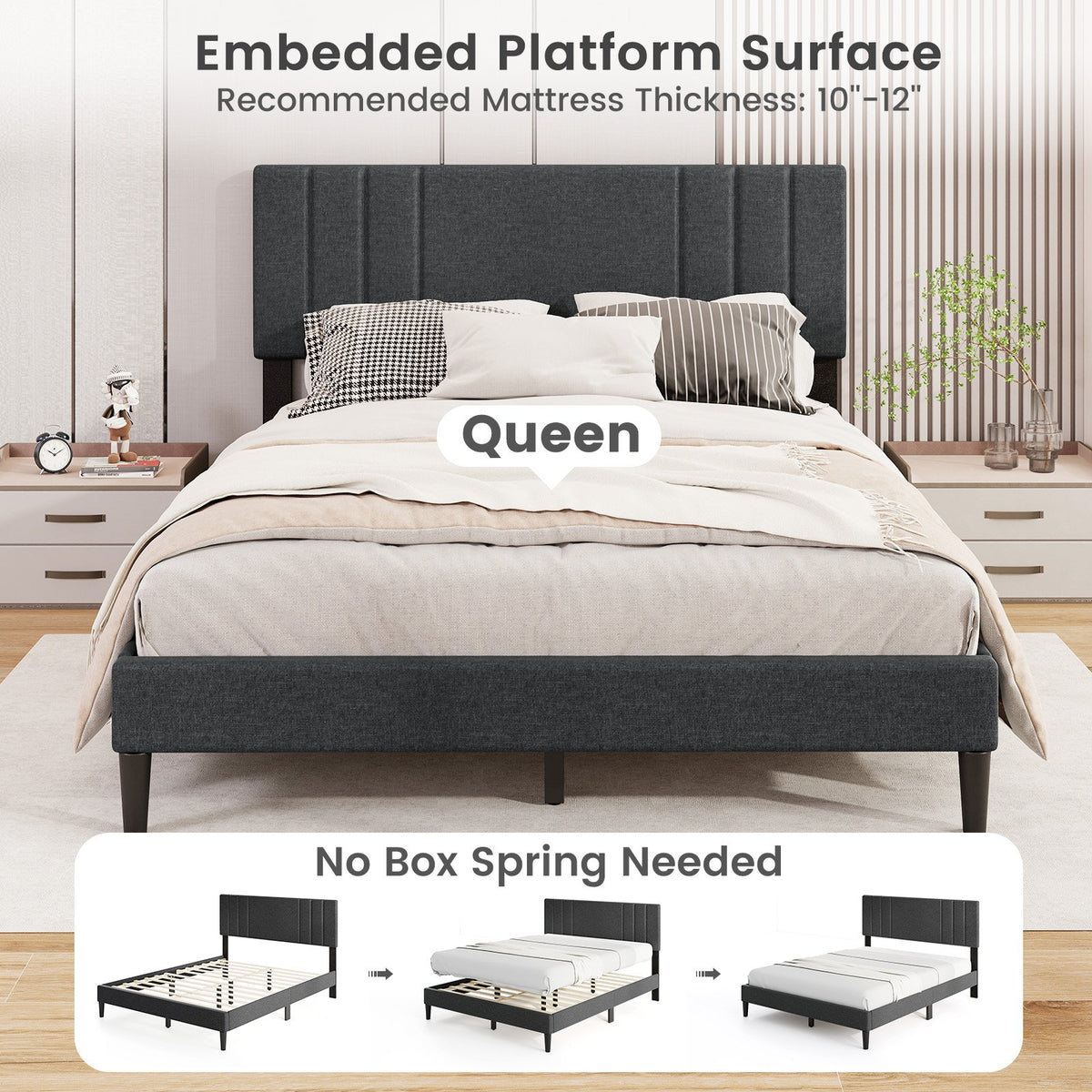 Full/Queen/Twin Size Bed Frame with Vertical Channel Tufted Headboard and Wooden Slats-Queen Size view 8