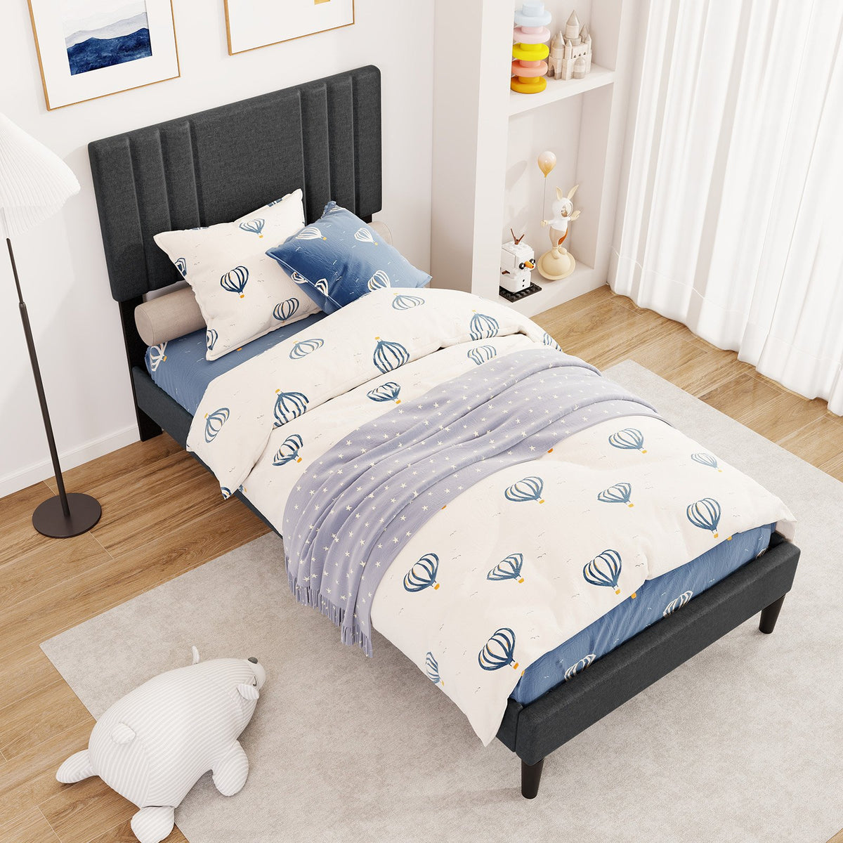 Full/Queen/Twin Size Bed Frame with Vertical Channel Tufted Headboard and Wooden Slats-Twin Size view 3