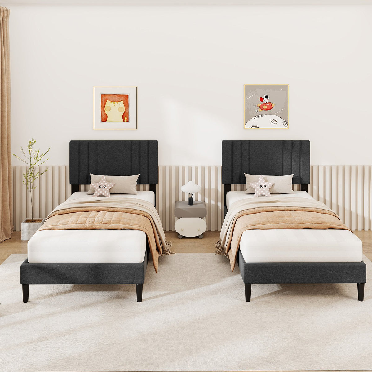 Full/Queen/Twin Size Bed Frame with Vertical Channel Tufted Headboard and Wooden Slats-Twin Size view 5