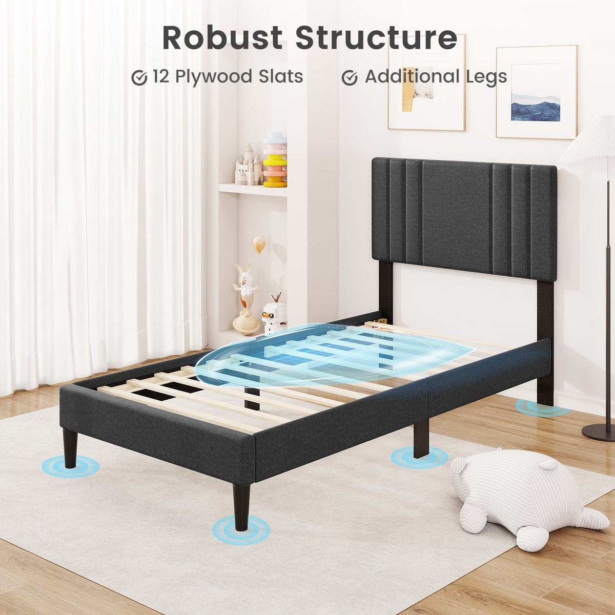 Full/Queen/Twin Size Bed Frame with Vertical Channel Tufted Headboard and Wooden Slats-Twin Size view 7