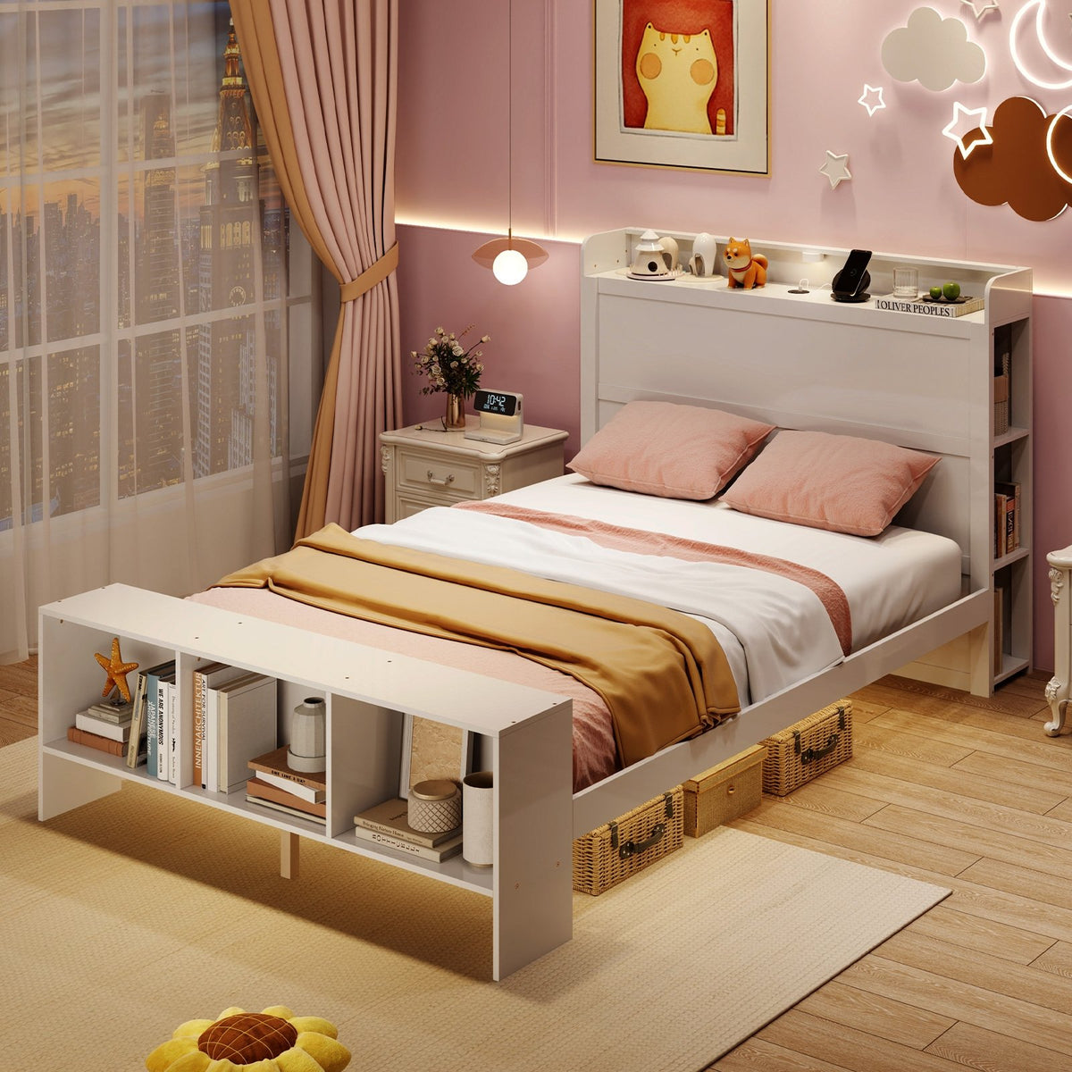 Full Size Bed Frame with 2 USB Ports with Storage Headboard and Lights-Full Size view 2
