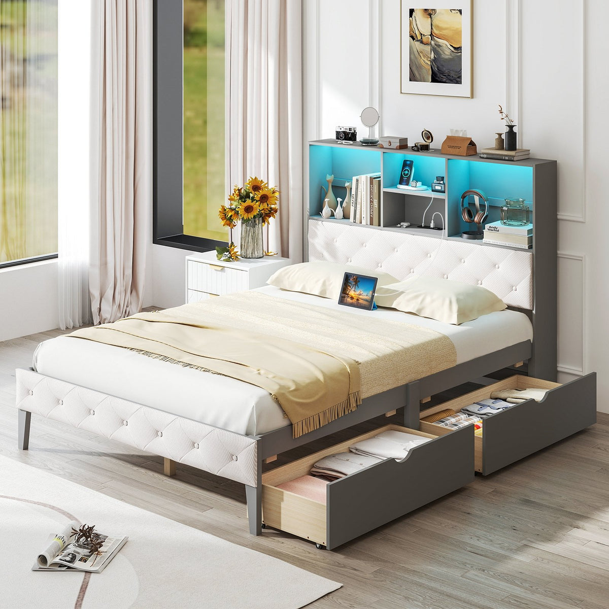Full Size Bed Frame with Bookcase Headboard and LED Lights-Gray view 2