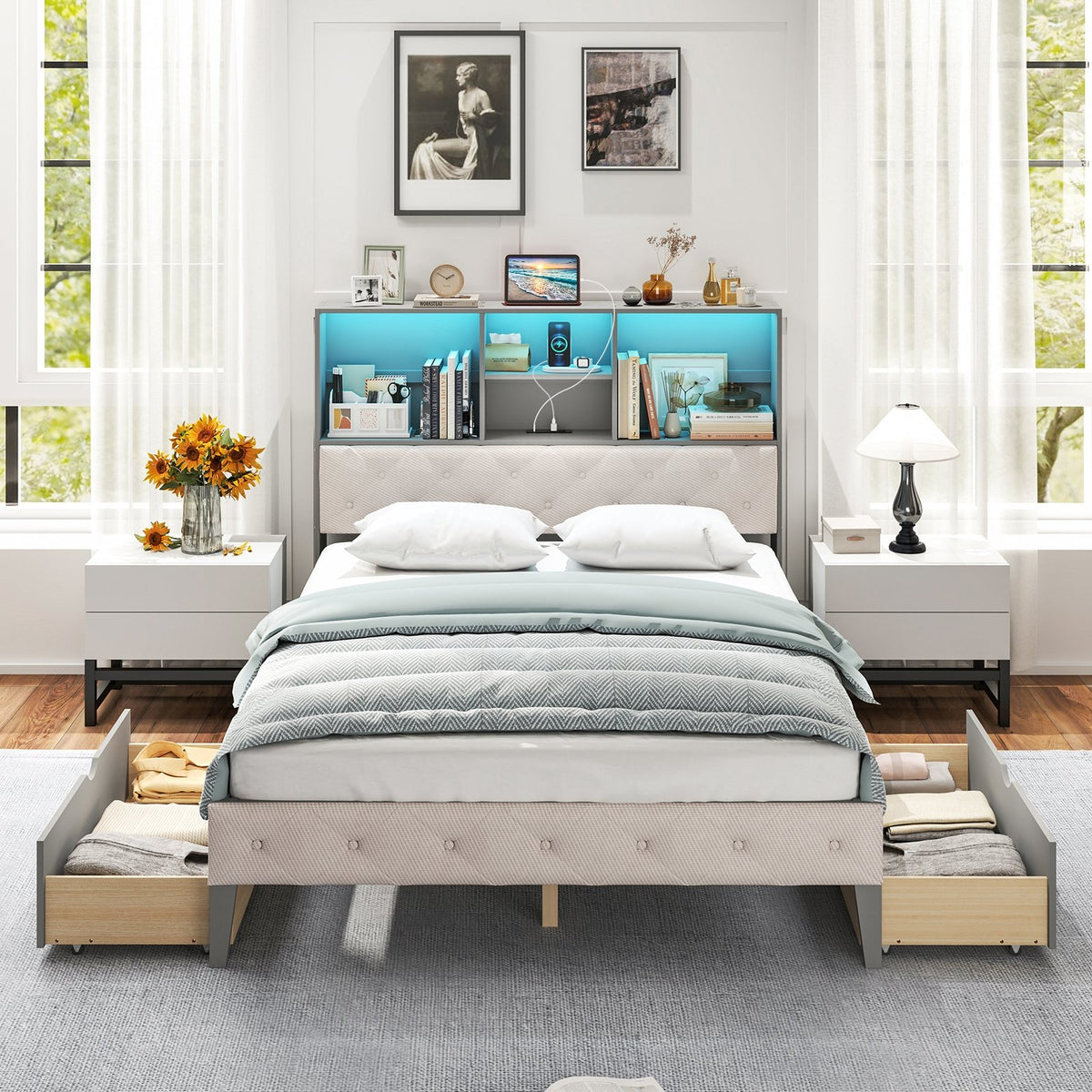 Full Size Bed Frame with Bookcase Headboard and LED Lights-Gray view 3