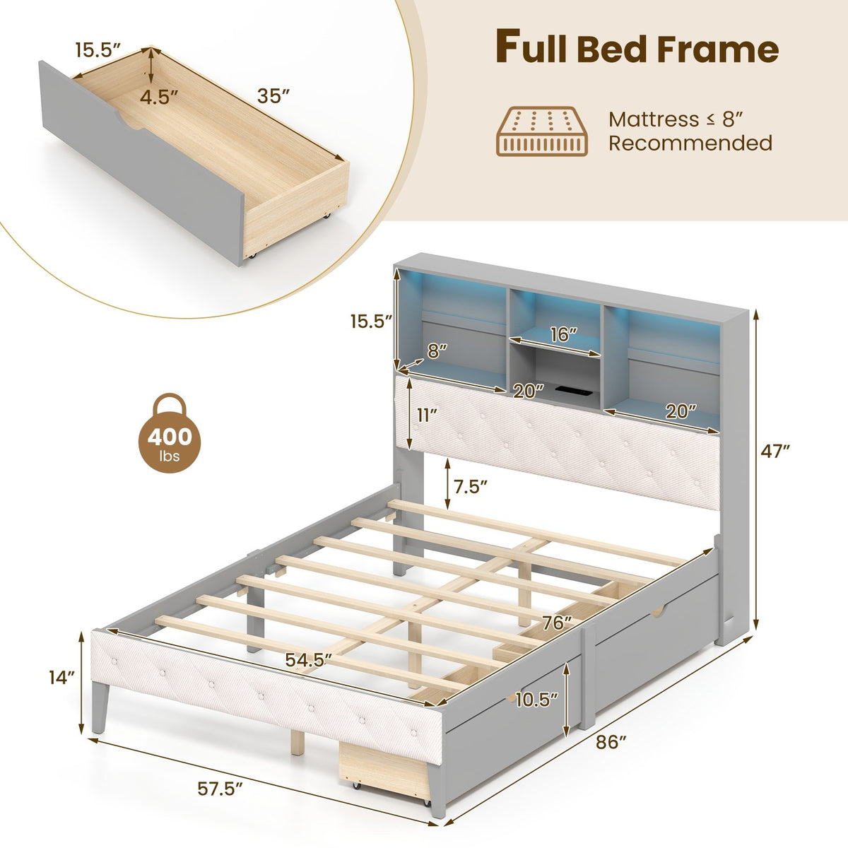 Full Size Bed Frame with Bookcase Headboard and LED Lights-Gray view 4