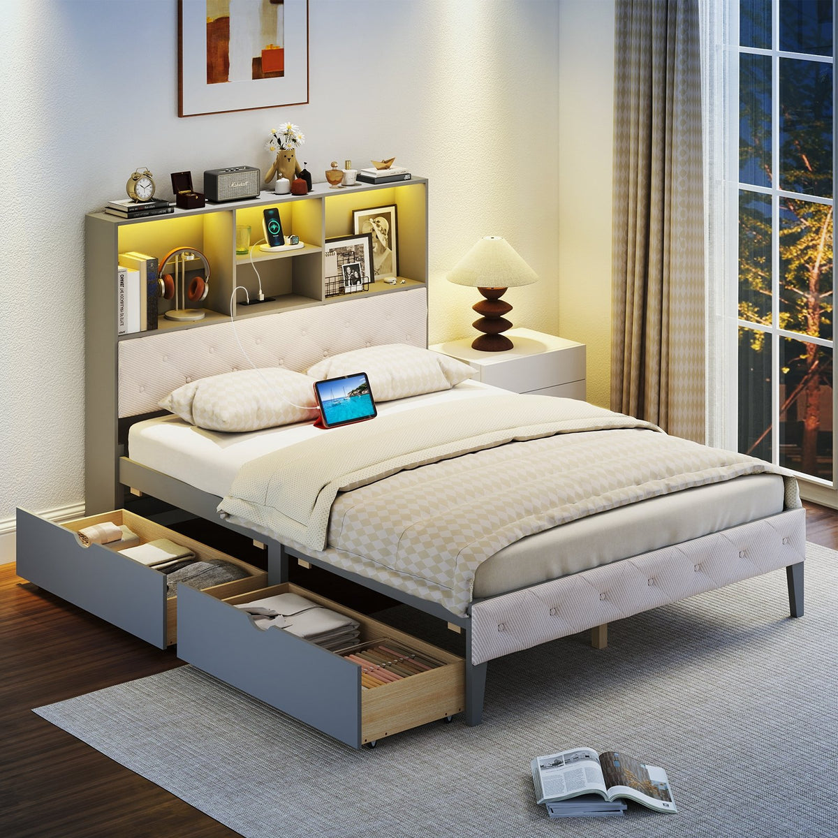 Full Size Bed Frame with Bookcase Headboard and LED Lights-Gray view 5