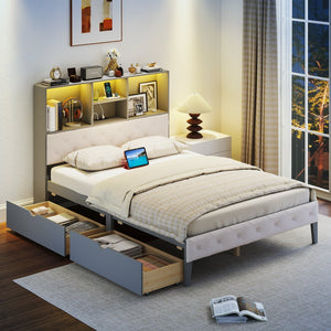Full Size Bed Frame with Bookcase Headboard and LED Lights-Gray view 5