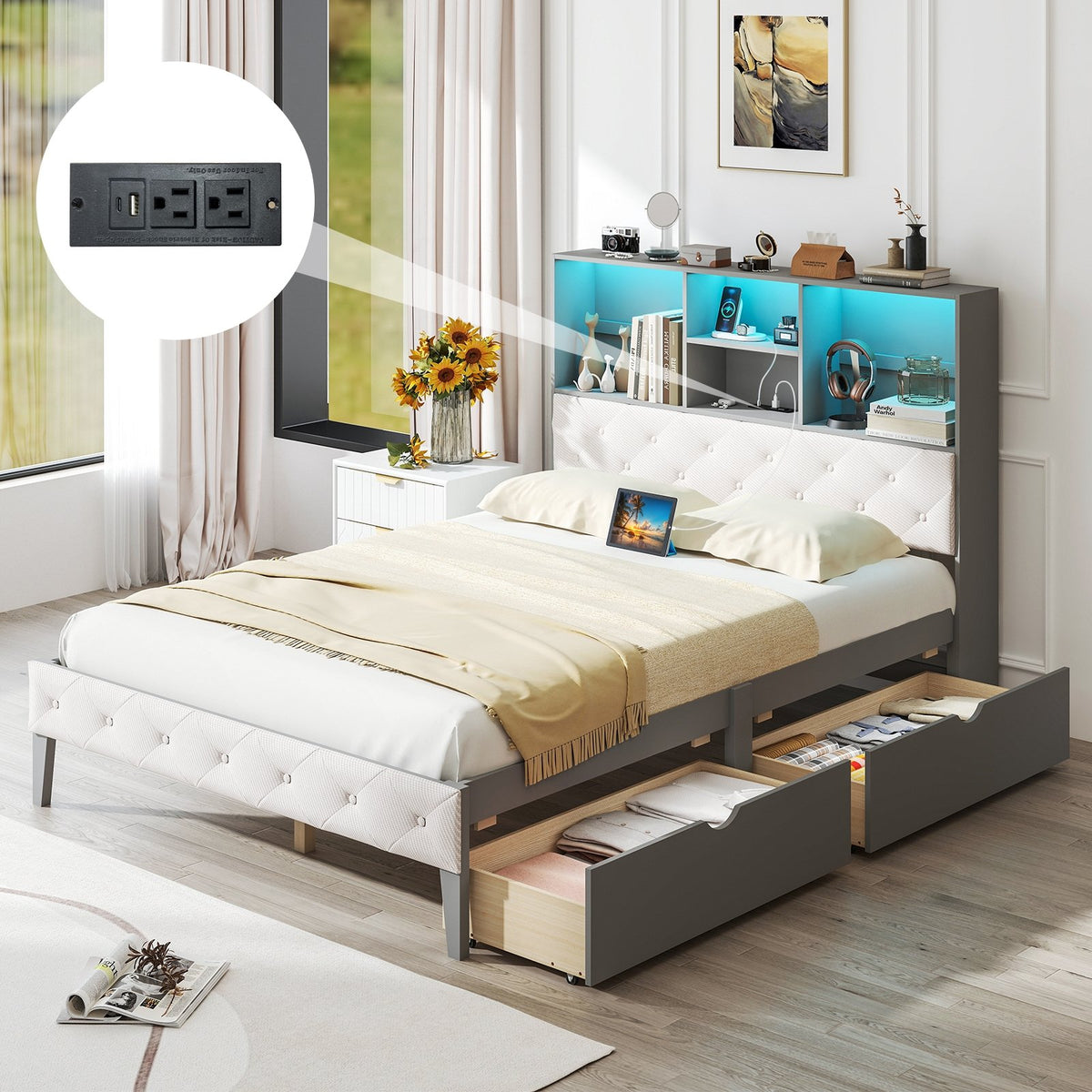 Full Size Bed Frame with Bookcase Headboard and LED Lights-Gray view 6