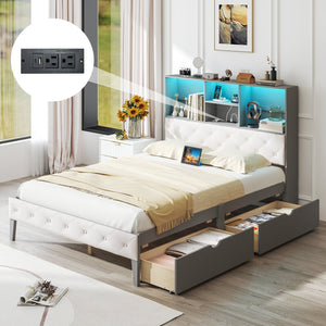 Full Size Bed Frame with Bookcase Headboard and LED Lights-Gray view 6