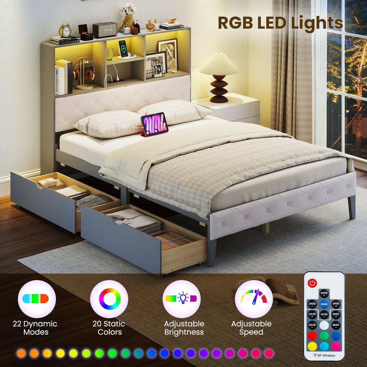 Full Size Bed Frame with Bookcase Headboard and LED Lights-Gray view 8