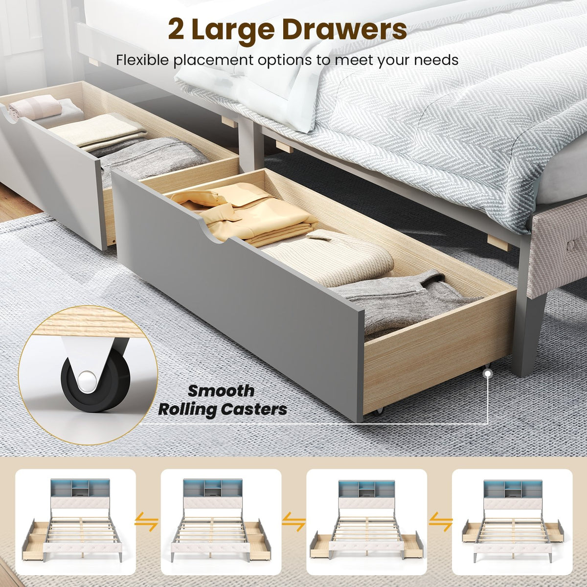 Full Size Bed Frame with Bookcase Headboard and LED Lights-Gray view 9