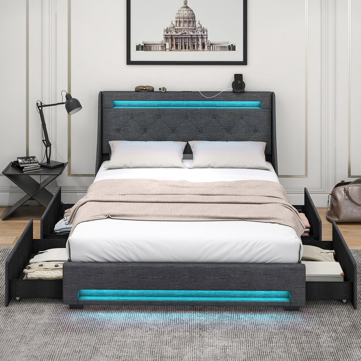 Full Size Bed Frame with LED Lights Wingback Headboard and Charging Station-Grey view 2