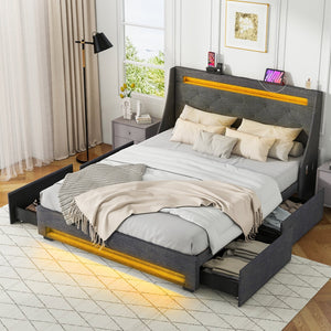 Full Size Bed Frame with LED Lights Wingback Headboard and Charging Station-Grey view 3