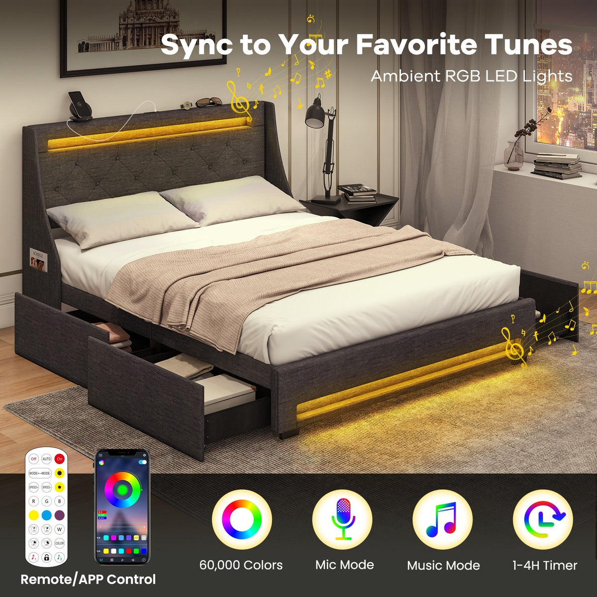 Full Size Bed Frame with LED Lights Wingback Headboard and Charging Station-Grey view 5