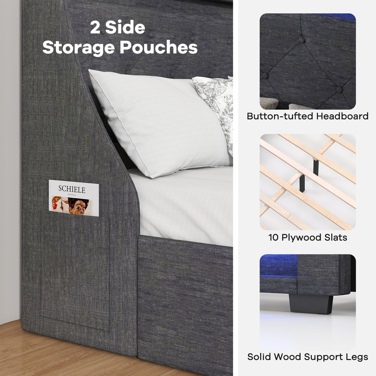 Full Size Bed Frame with LED Lights Wingback Headboard and Charging Station-Grey view 9