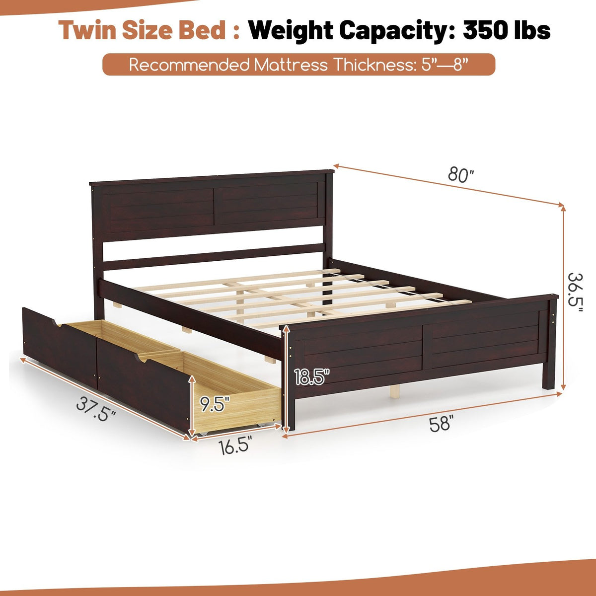Full Size Bed Frame with Storage Drawers and Solid Wood Headboard-Espresso view 4