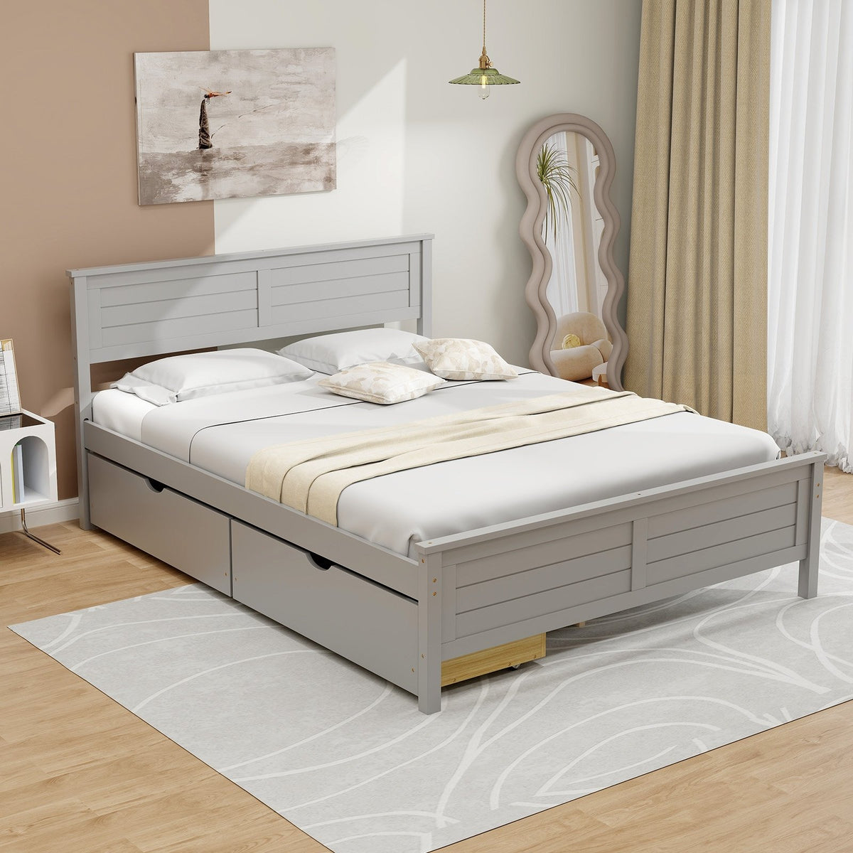 Full Size Bed Frame with Storage Drawers and Solid Wood Headboard-Gray view 2