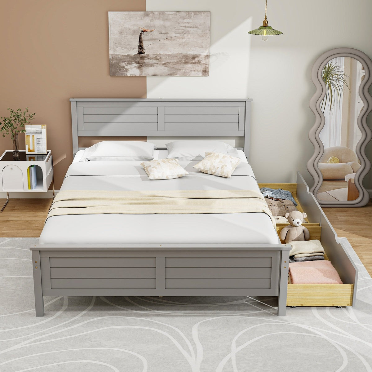 Full Size Bed Frame with Storage Drawers and Solid Wood Headboard-Gray view 3