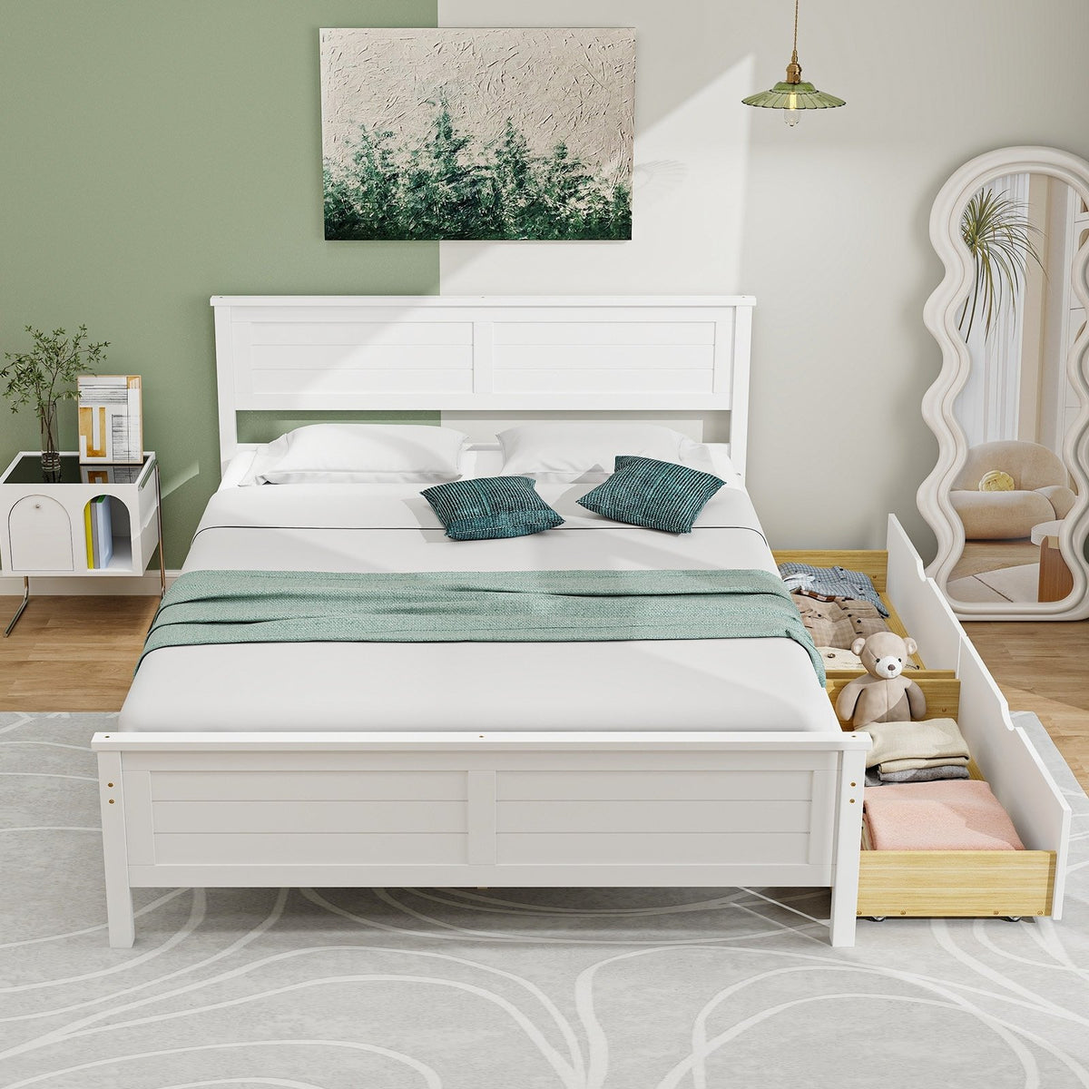Full Size Bed Frame with Storage Drawers and Solid Wood Headboard-White view 3