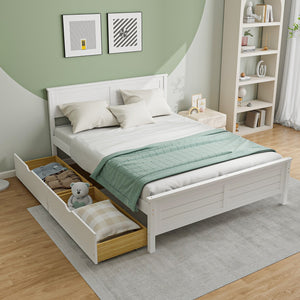 Full Size Bed Frame with Storage Drawers and Solid Wood Headboard-White view 6