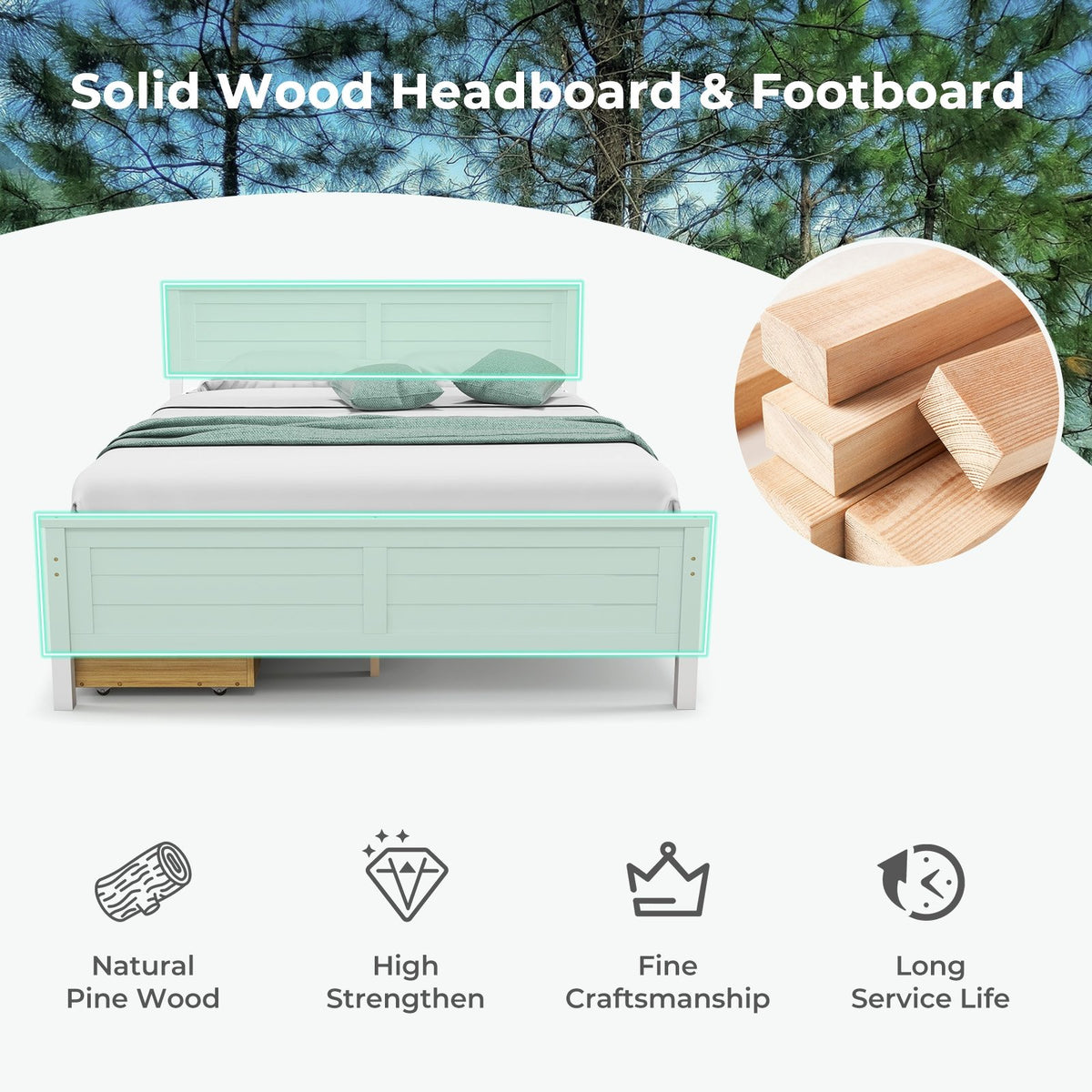 Full Size Bed Frame with Storage Drawers and Solid Wood Headboard-White view 8