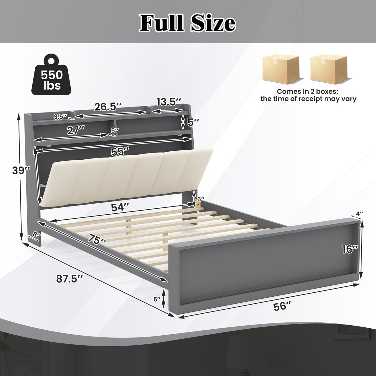 Full Size Bed Frame with Storage Modern Platform Bed with Headboard-Full Size view 5