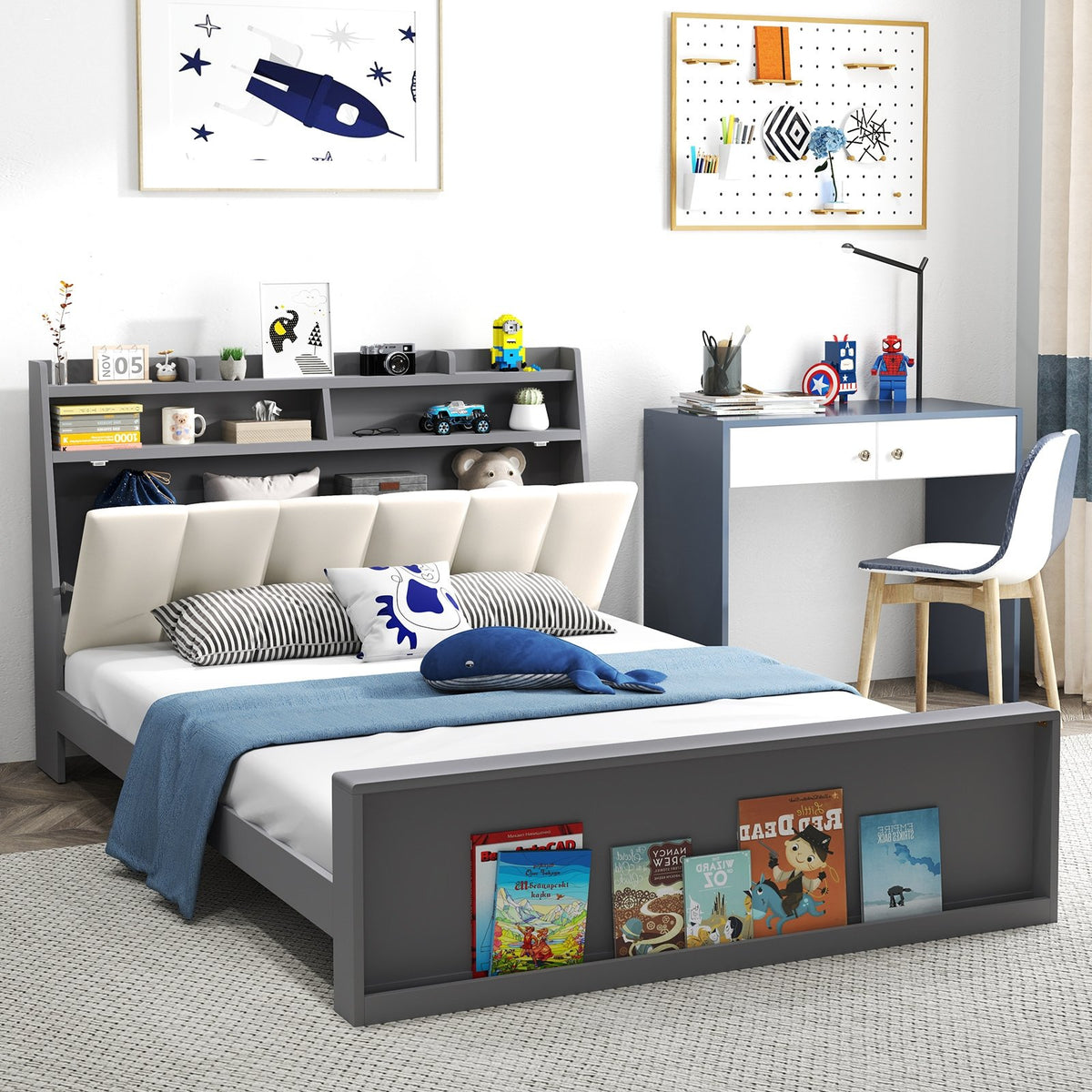 Full Size Bed Frame with Storage Modern Platform Bed with Headboard-Full Size view 6