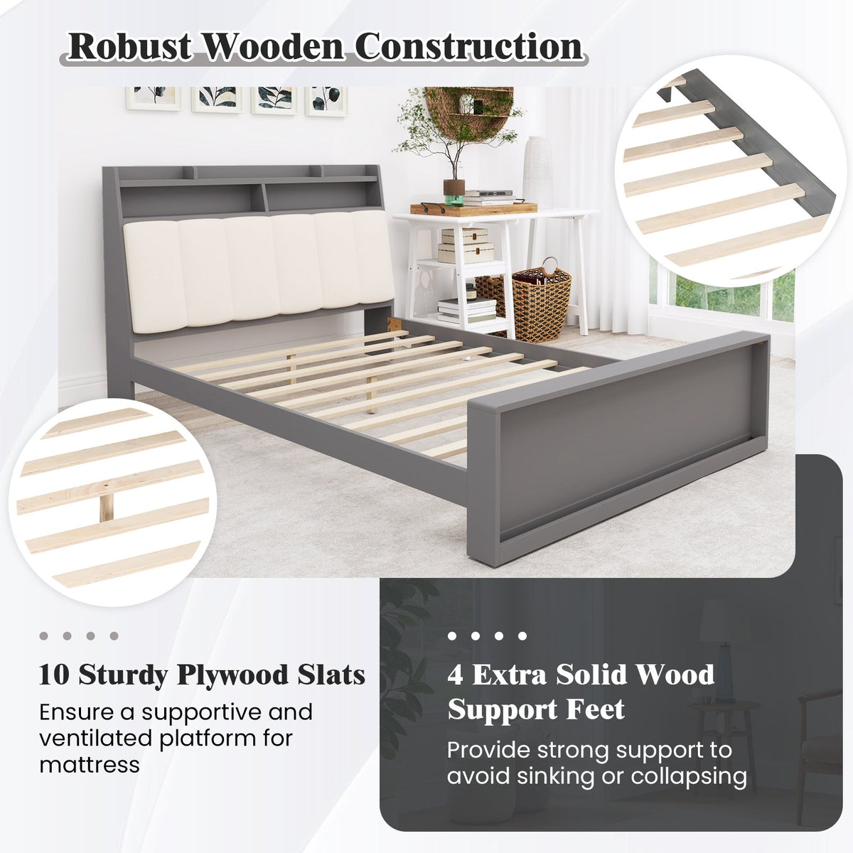 Full Size Bed Frame with Storage Modern Platform Bed with Headboard-Full Size view 8