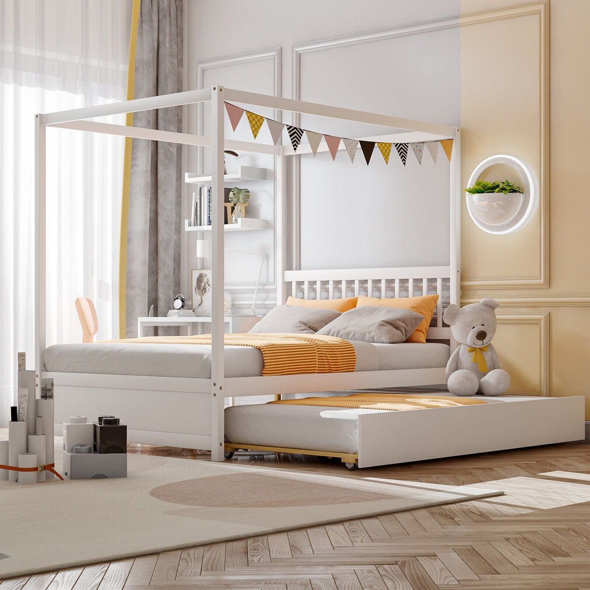Full Size Canopy Bed with Trundle Wooden Platform Bed Frame Headboard-White view 2