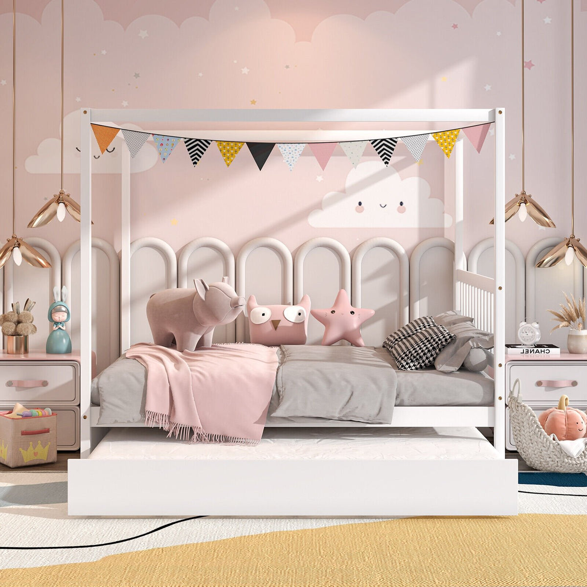 Full Size Canopy Bed with Trundle Wooden Platform Bed Frame Headboard-White view 4