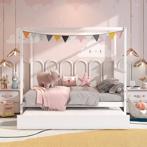 Full Size Canopy Bed with Trundle Wooden Platform Bed Frame Headboard-White view 4