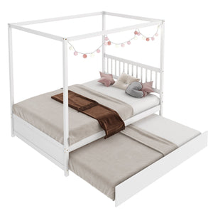 Full Size Canopy Bed with Trundle Wooden Platform Bed Frame Headboard-White view 5