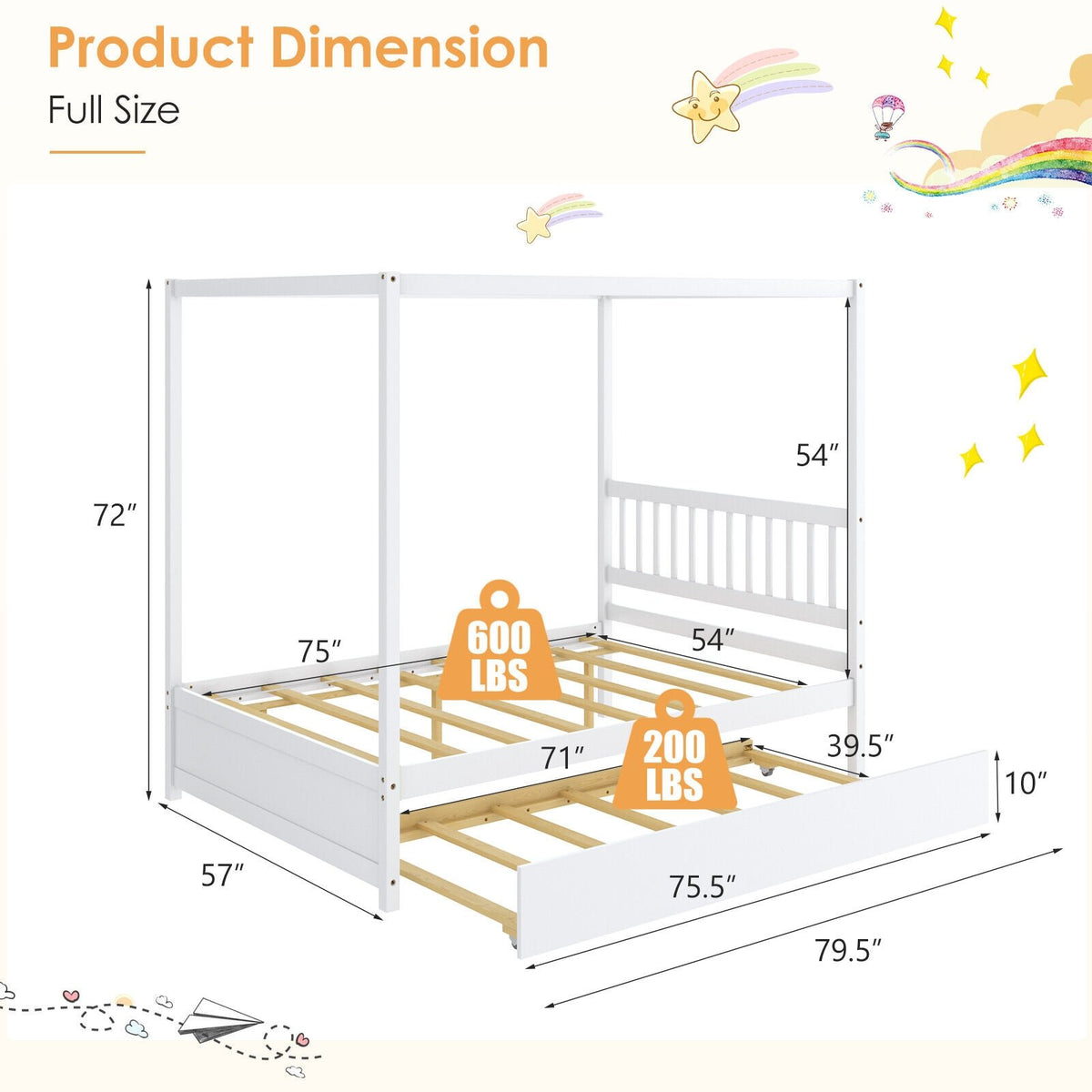 Full Size Canopy Bed with Trundle Wooden Platform Bed Frame Headboard-White view 6