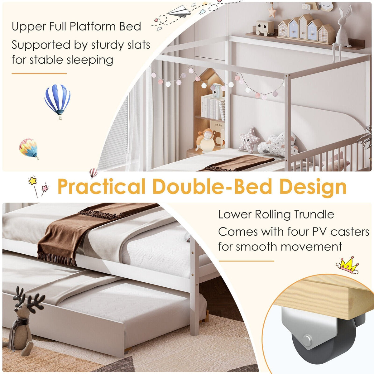 Full Size Canopy Bed with Trundle Wooden Platform Bed Frame Headboard-White view 7