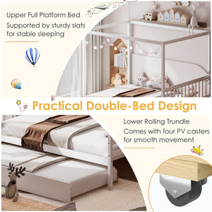 Full Size Canopy Bed with Trundle Wooden Platform Bed Frame Headboard-White view 7