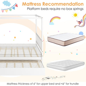 Full Size Canopy Bed with Trundle Wooden Platform Bed Frame Headboard-White view 8