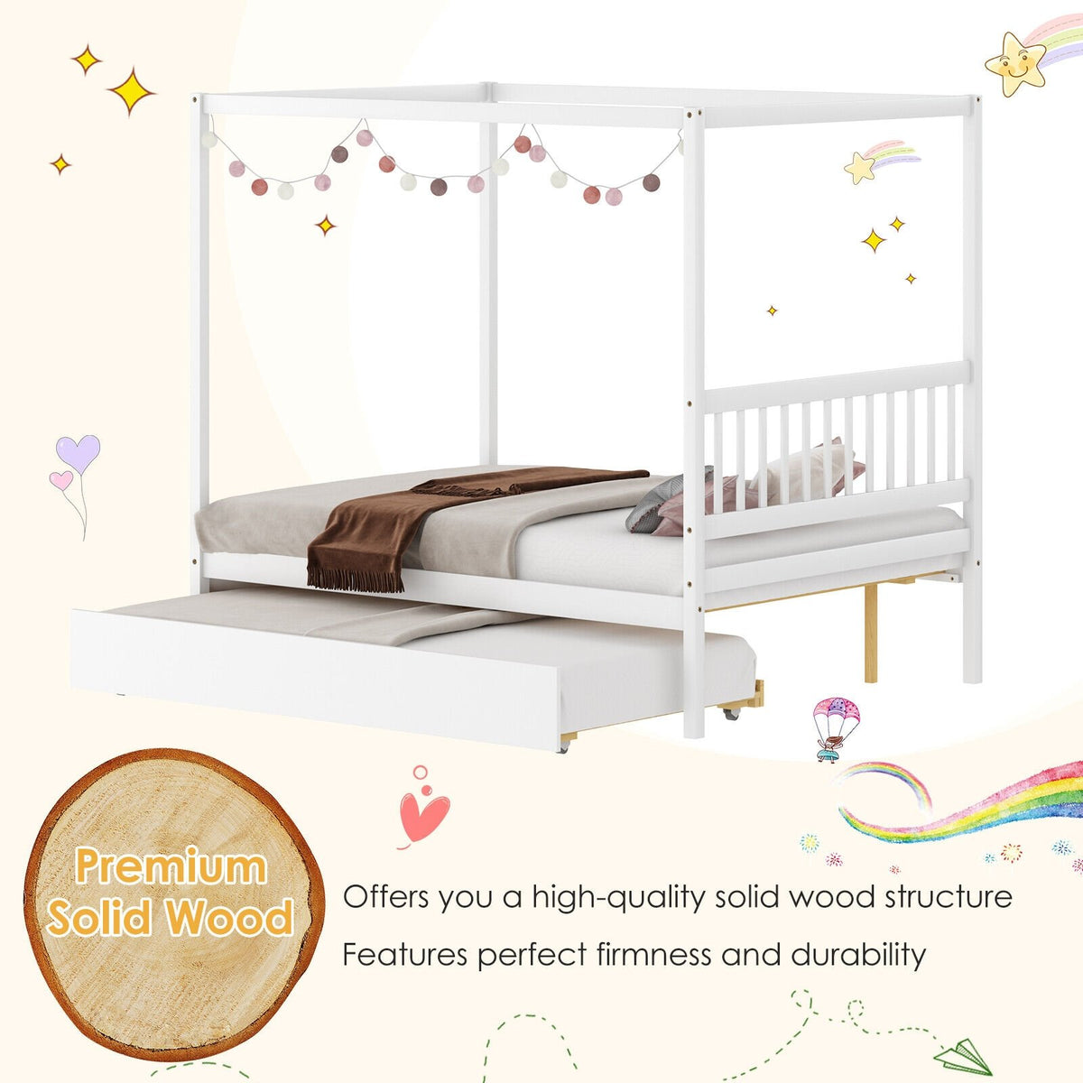 Full Size Canopy Bed with Trundle Wooden Platform Bed Frame Headboard-White view 9