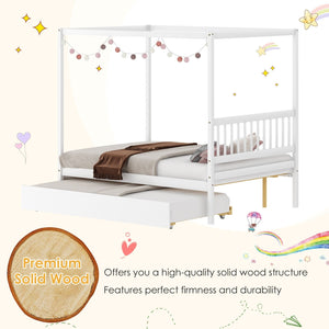 Full Size Canopy Bed with Trundle Wooden Platform Bed Frame Headboard-White view 9