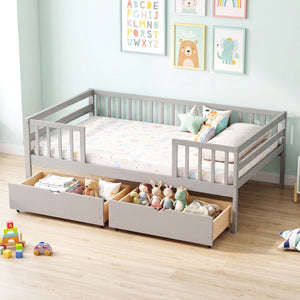 Full Size Daybed with Fence and 2 Drawers for Boys and Girls-Gray view 2