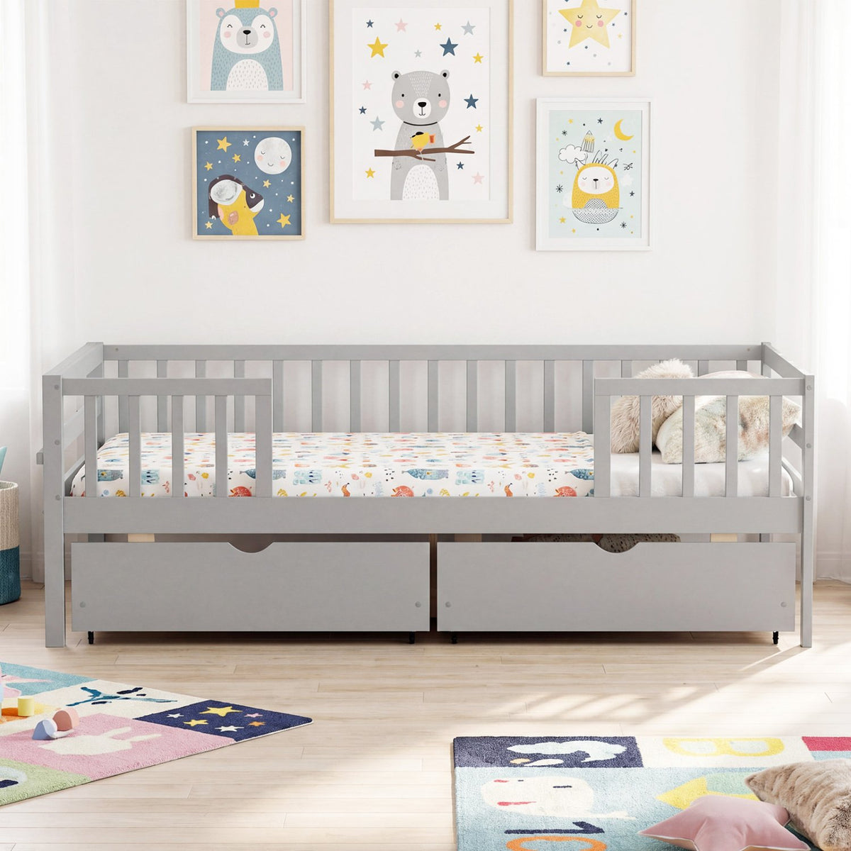 Full Size Daybed with Fence and 2 Drawers for Boys and Girls-Gray view 3