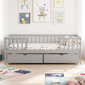Full Size Daybed with Fence and 2 Drawers for Boys and Girls-Gray view 3