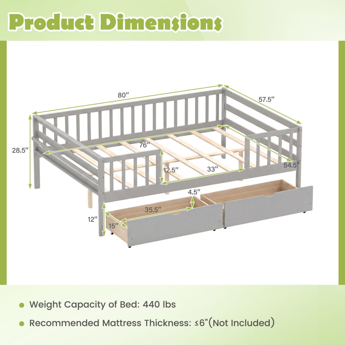 Full Size Daybed with Fence and 2 Drawers for Boys and Girls-Gray view 4