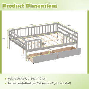 Full Size Daybed with Fence and 2 Drawers for Boys and Girls-Gray view 4