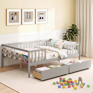 Full Size Daybed with Fence and 2 Drawers for Boys and Girls-Gray view 5