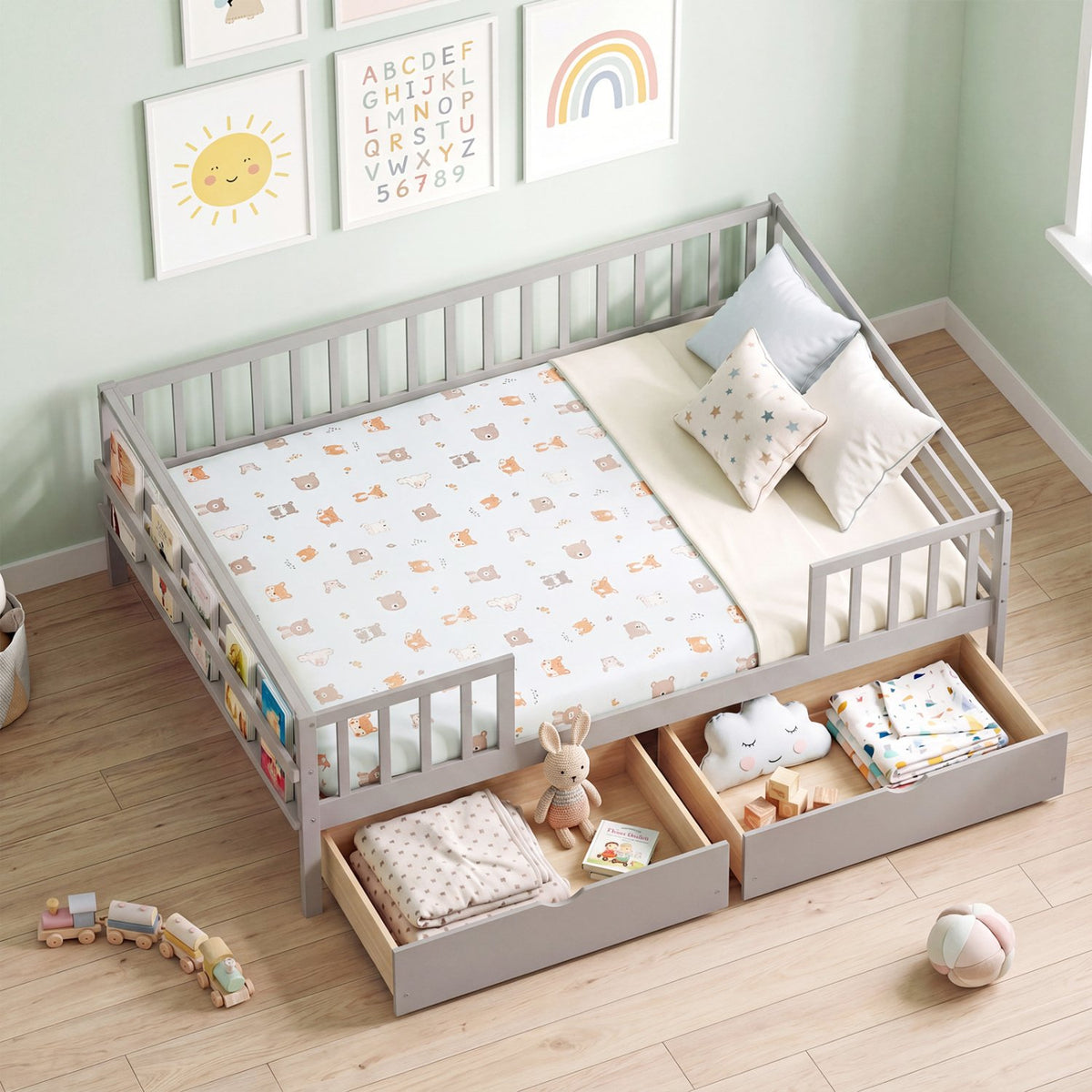 Full Size Daybed with Fence and 2 Drawers for Boys and Girls-Gray view 6