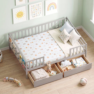Full Size Daybed with Fence and 2 Drawers for Boys and Girls-Gray view 6